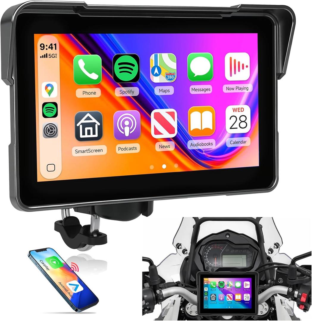 7 Inch Motorcycle Carplay Screen, Wireless CarPlay Android Auto with Design Mount Waterproof Touchscreen Supports GPS Navigation/Bluetooth Transmission/EQ