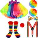Shinymoon 7 Pcs Girls Clown Costume Set Clown Rainbow Wig Rainbow Tutu Skirt Shoulder Strap Bow Socks Nose for Cosplay (8-12 Years)