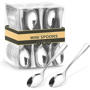 Qeirudu 4 Inch Silver Plastic Mini Spoons, 100 Pack Heavy Duty Small Tasting Spoons for Party Dessert Shooters, Appetizers, Ice Creams, Food Samples, Puddings Qeirudu 4 Inch Silver Plastic Mini Spoons, 100 Pack Heavy Duty Small Tasting Spoons for Party Dessert Shooters, Appetizers, Ice Creams, Food Samples, Puddings