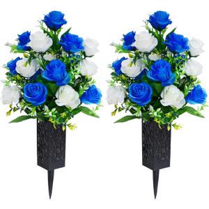 2 Sets Artificial Cemetery Flowers,Memorial Flowers,Beautiful Arrangements for Headstones,Black Plastic vase with Drainage Hole Long Spikes Outdoor Memorials(Dark Blue)