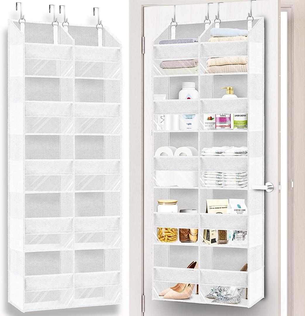 Over The Door Organizer 5 Tiers, Extra Large Behind Door Storage of 10 Compartments, 80 lbs Weight Capacity Hanging Storage Organizer with Clear Window Kids Toys, Shoes,Diapers, Room Storage, White