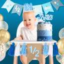 1/2 Birthday Boy Half Birthday Decorations 4PCS Blue 6 Month Party Set with 1/2 Way to One Banner, Halfway High Chair Banner, Cake Topper and Hat for 6 Month Baby Boy Photo Shoot Decor