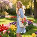Sadnyy Embroidery Spring Tote Bag for Women Cute Canvas Floral Tote Bag Aesthetic Tulip Reusable Grocery Bags with Handles for Shopping Grocery Beach Book Gift Gym Spring Decor