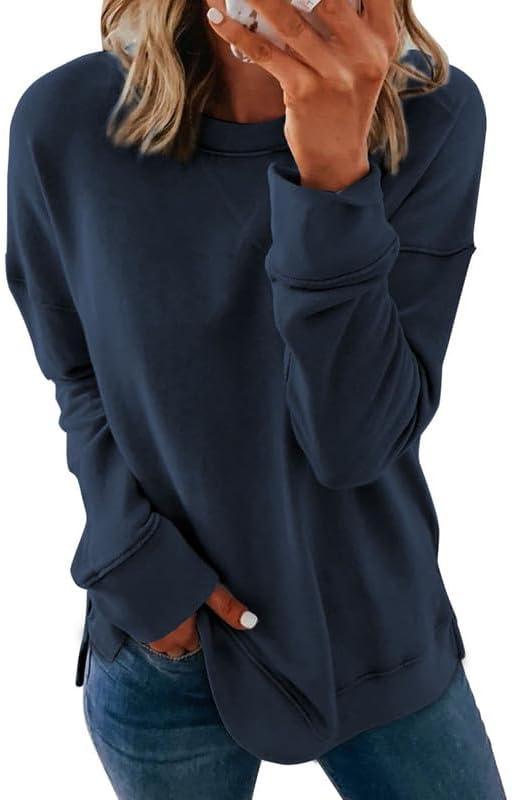 Dokotoo Women's Casual Crew Neck Sweatshirt Loose Soft Long Sleeve Pullover Tops (Medium, A Dark Blue)