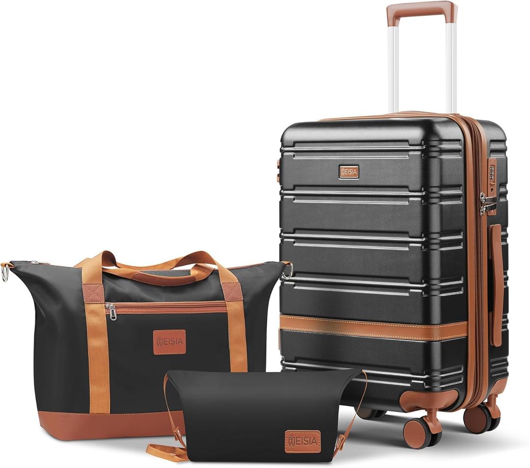 carry on Luggage Sets,20 Inch Expandable Carry-on suitcases with spinner wheels,Hard Shell Travel Luggage airline approvedwith TSA Lock (Black) (3 Piece Sets (20/DB/TB))