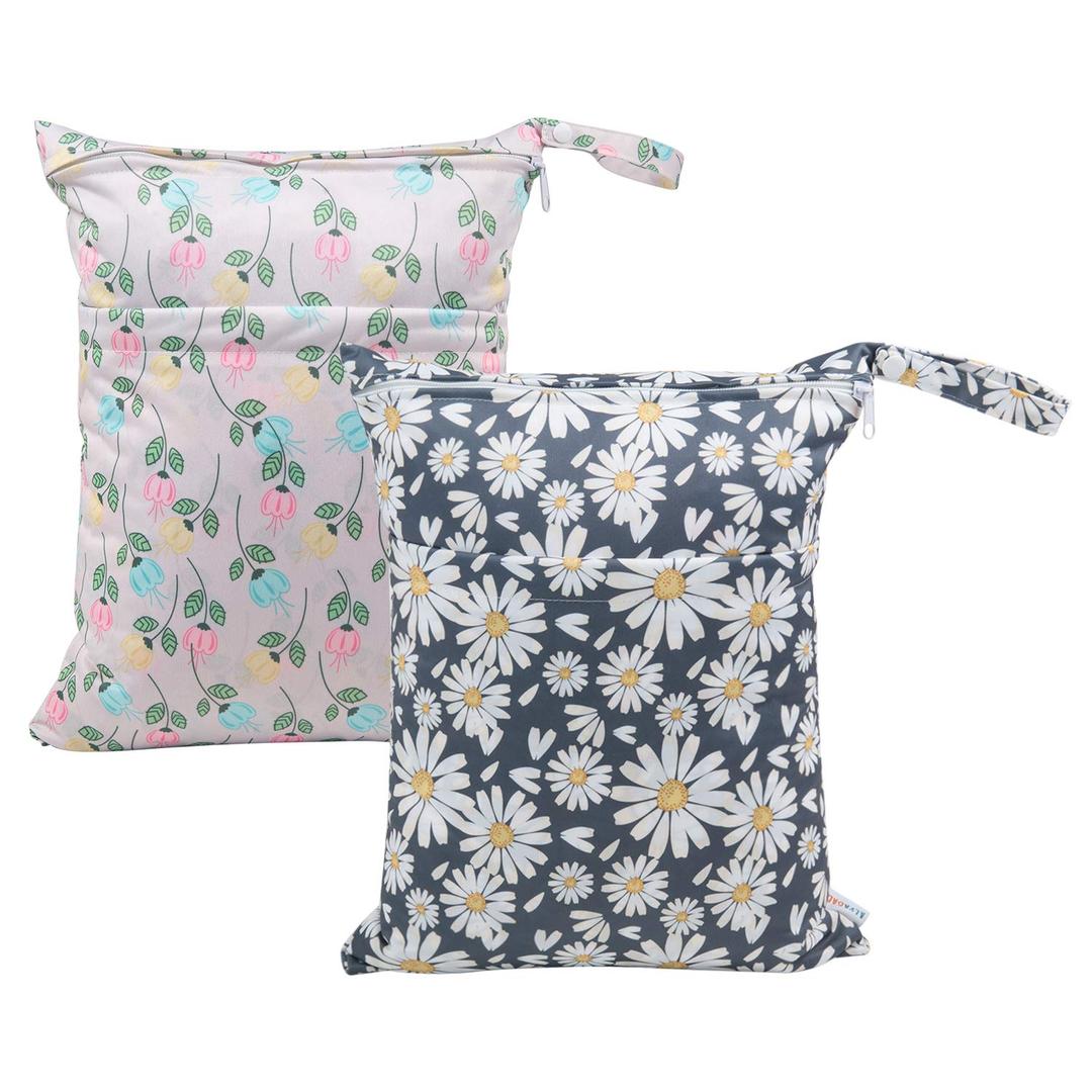 ALVABABY 2pcs Cloth Diaper Wet Dry Bags Waterproof Reusable with Two Zippered Pockets Travel Beach Pool Daycare Soiled Baby Items Yoga Gym Bag for Swimsuits or Wet Clothes L0821 (03 Little colored flowers & little daisies)