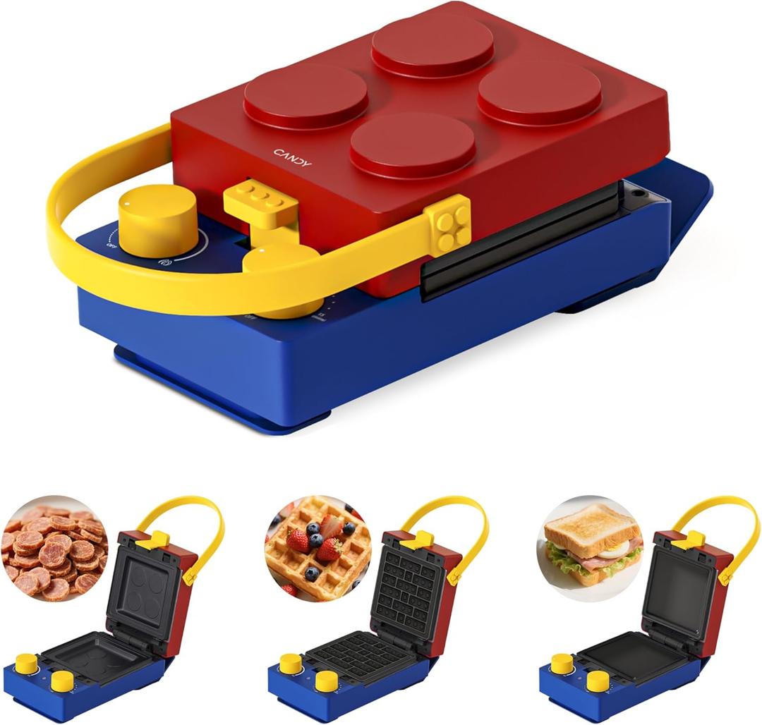 CANDY 3-in-1 Waffle Maker Panini Press, Grilled Sandwich Maker with Removable Plates, Compact & Portable Mini Toaster, Fast Double Heating, Unique Block-Style Design, Great for Breakfast or Snacks