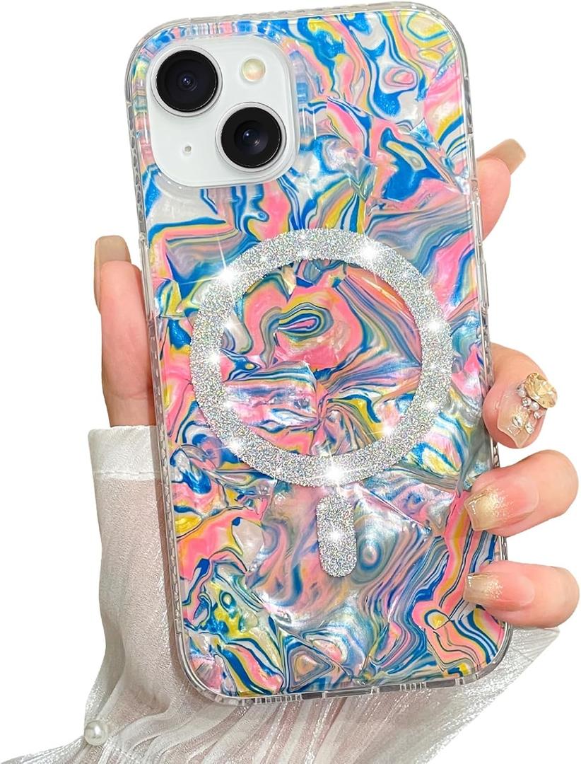 AIGOMARA Magnetic for iPhone 15 Case, Compatible with Magsafe Glitter Sparkly Watercolor Marble Translucent Bumper Protective Phone Case with Screen Protector for Women Girls, Pink/Blue