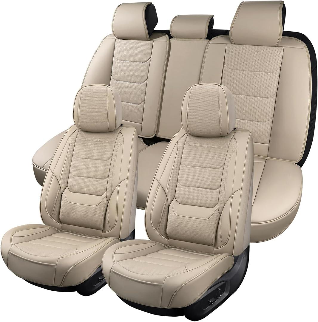 Beige Leather Car Seat Covers Full Set Breathable Seat Protectors Waterproof Automotive Seat Covers Universal Fit for Most Cars SUVs Trucks Vehicles