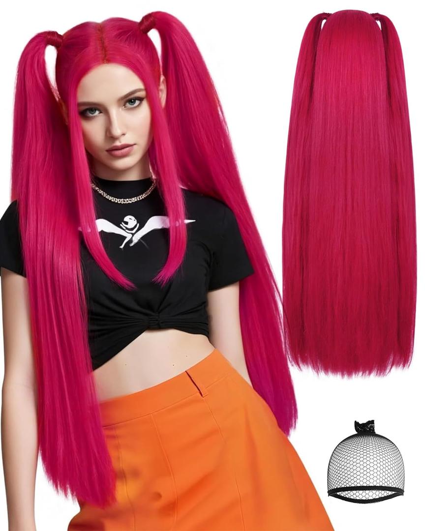 Rose Red Pink Wig with Bangs Long Straight Hot Pink Cosplay Wigs with 2 Ponytails Red Anime Wigs for Singers Cosplay Halloween Costume Outfit Party+Hair Cap