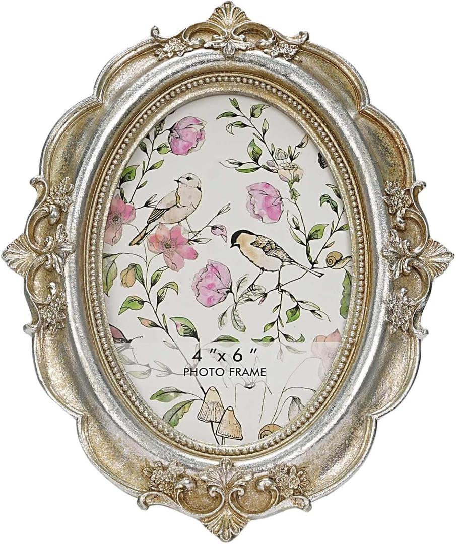 Vintage Picture Frame, 4x6 Oval Antique Photo Frame with Real Glass Front, Luxury Table Wall Haning Photo Display Home Decor, Gift Ideas, Silver Flower