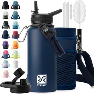 32 oz Insulated Water Bottle | Thickened Stainless Steel Vacuum Metal | Portable Sports Water Jug for Gym and Hiking with Straw, Carrier Bag, Handle Strap | BPA-Free 32 oz (Navy Blue)