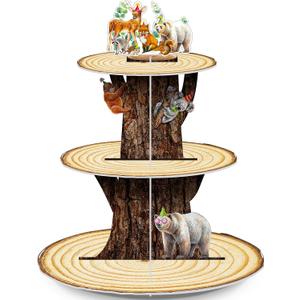 6 x Geiserailie 3 Tier Woodland Themed Party Cupcake Stand Decorations Safari Animals First Birthday Cupcake Holder Decor Jungle Dessert Tower for Baby Shower Birthday, Camping Party Supplies