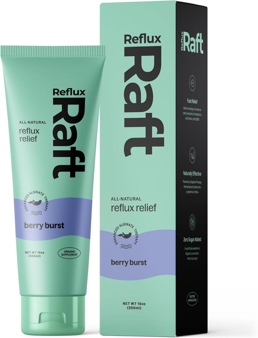 RefluxRaft Acid Reflux Therapy with Organic Alginate, Pregnancy Safe, Fast & Long-Lasting GERD & LPR Support, Zero Sugar, Gluten-Free, Low Sodium, Berry Burst, 60 Gel Servings, 10 OZ Bottle