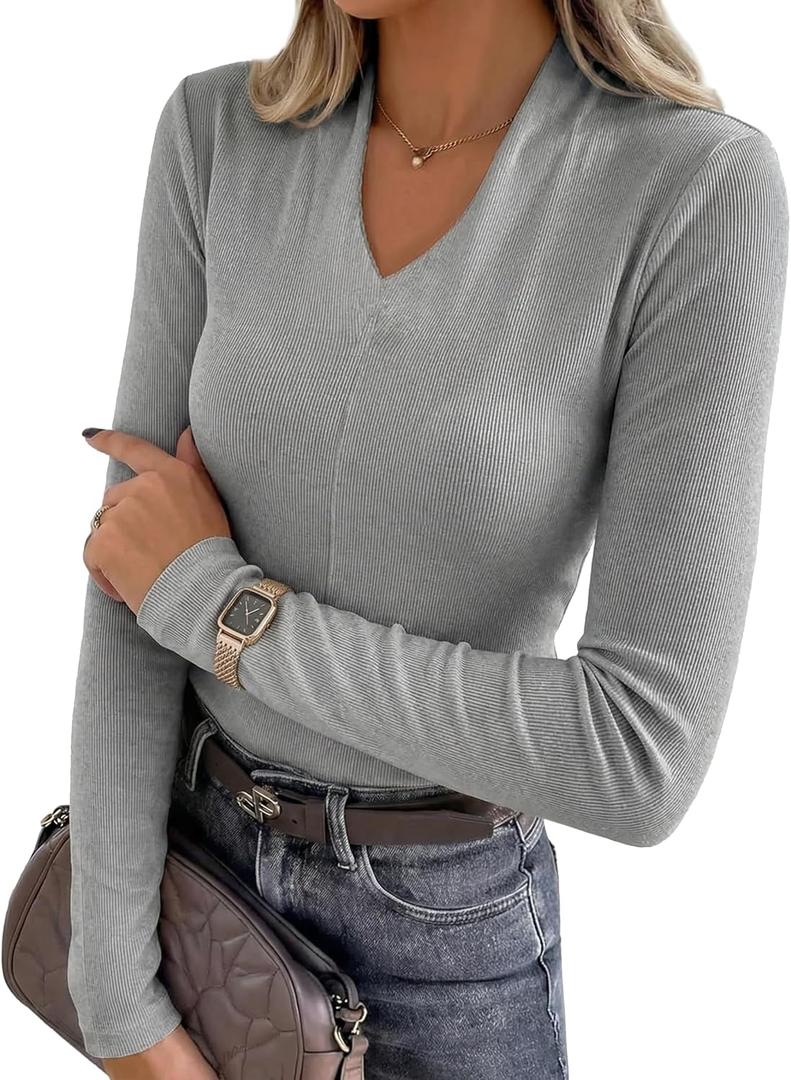 Soft Long Sleeve Shirts for Women V Neck Ribbed Knit Basic Shirts, Womens Going Out Tops Slim Fitted Casual Trendy Clothes Grey (Gray, Large)