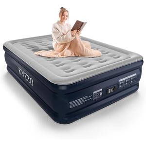 Full Air Mattress with Built-in Pump, 18" Top Inflatable Mattress with Waterproof Flocking Fabric, Three-Minute Quick-Inflatable Bed. Portable Blow Up Mattress for Home, Outdoor and Guests (Blue)