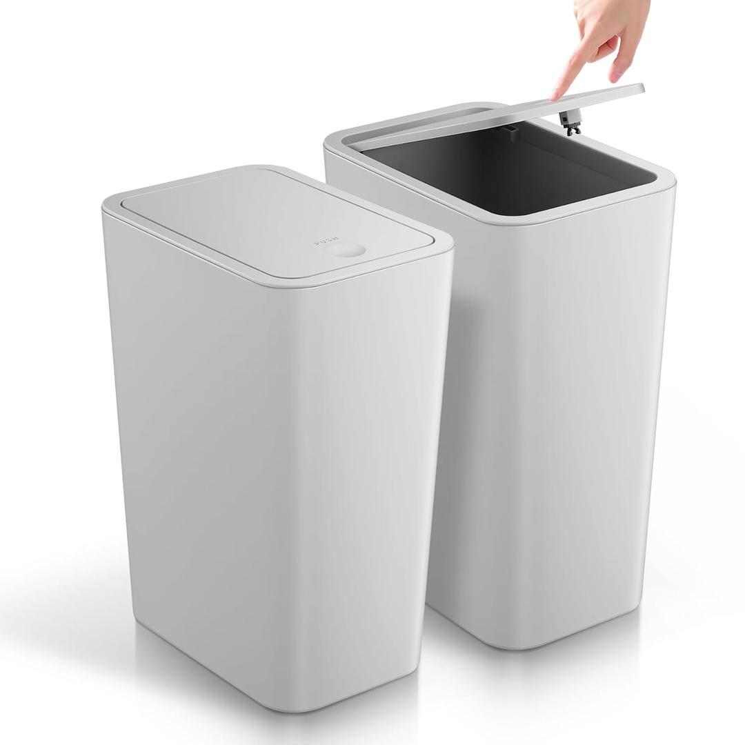 TIPGO Bathroom Trash Can with Lid, 4 Gallon / 15 Liter Small Garbage Can, Press Top Bin, Plastic Wastebasket with Pop-Up Lid for Bedroom, Living Room, Office (Grey, 2 Pack)