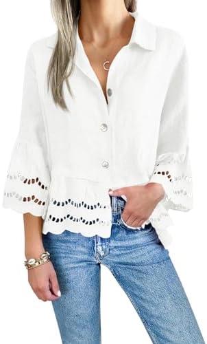 Cicy Bell Womens 3/4 Bell Sleeve Button Down Shirts Casual Ruffle Hem Tops Eyelet Blouse, M, White