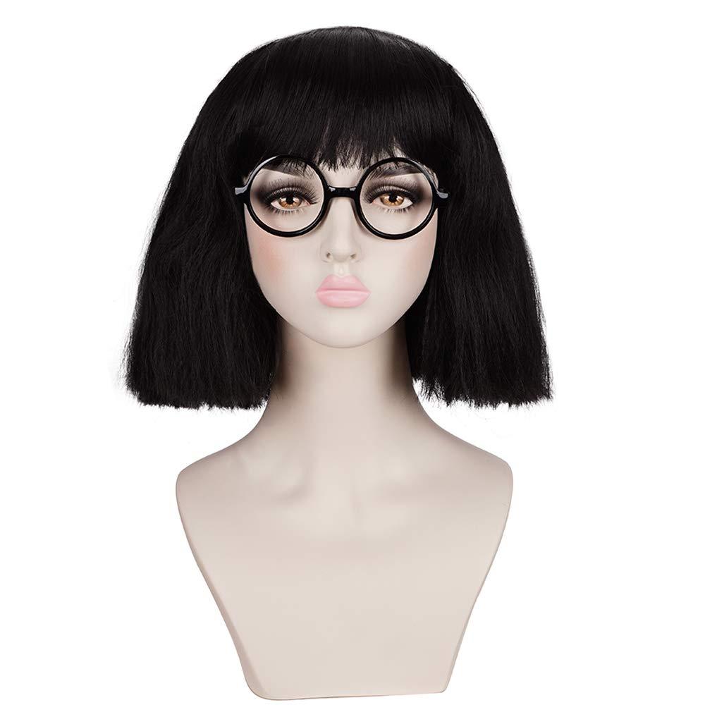 morvally Black Fluffy Medium Curly Cosplay Wig with Cut Bangs for Women Including Glasses frame