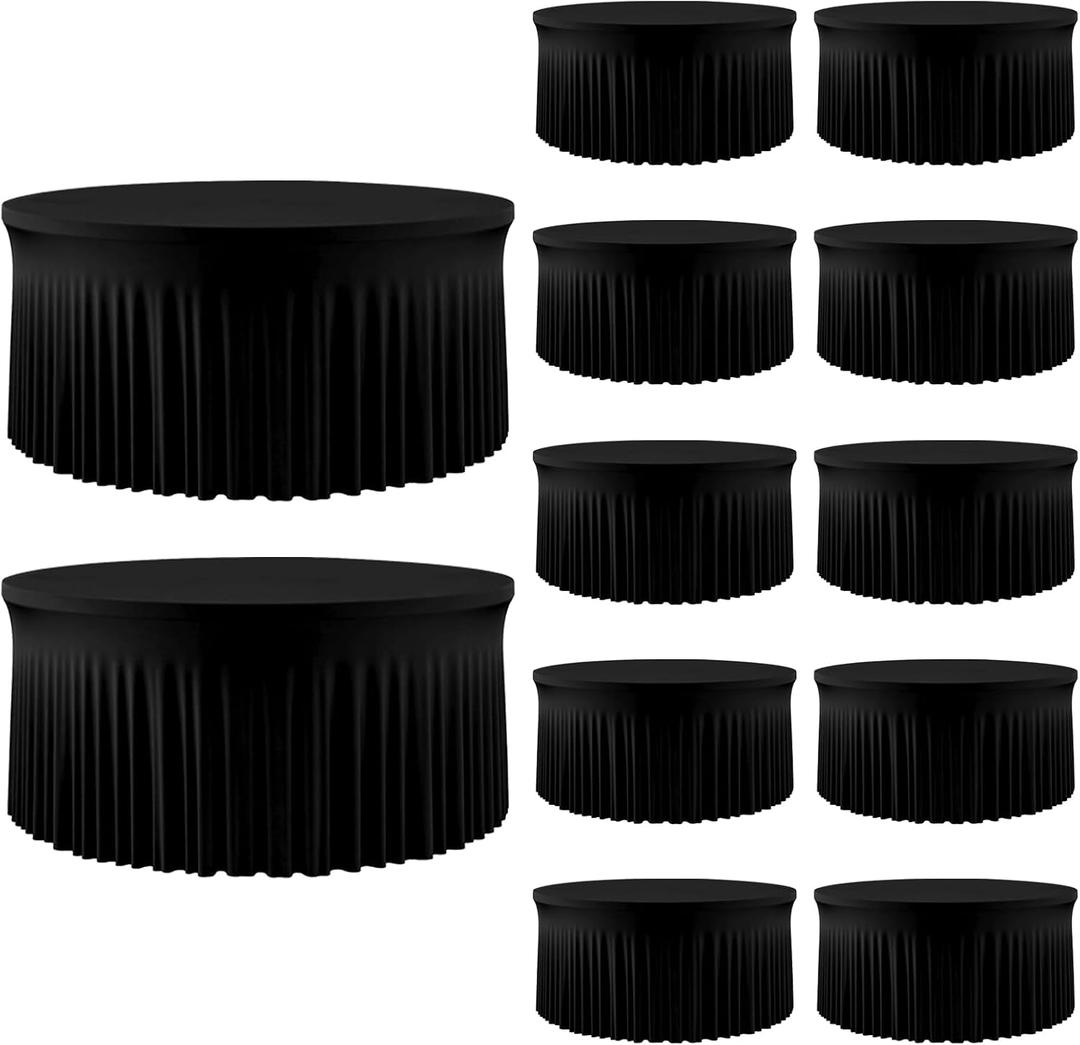 12 Pack 60 Inch Black Round Tablecloth with Skirt, Fitted Table Cover for 5FT Tables, Wrinkle Resistant and Washable Table Cloth for Wedding Party Banquet Buffet Indoor Outdoor Events