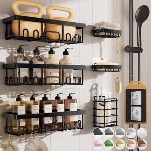 Veken Rustproof & Waterproof Shower Caddy 6-Pack, No Drilling Adhesive Shelves Rack with Soap Holder, Large Capacity Bathroom Organizers and Storage, Wall-Mounted Kitchen & Home Decor (6-Piece Set (Rustproof Upgrade), Black)