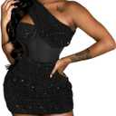 Women's Sexy Elegant Bodycon Dress Party Club Night Outfit Hot Drilling Clubwear (Black, XL)