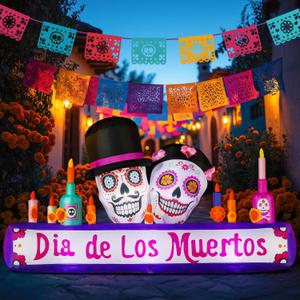 DomKom 8FT Halloween Inflatable Blow Up Decorations, Dia de Los Muertos Day of Dead Catrina Skulls Altar, Built-in LEDs for Holiday Party, Garden, Lawn, Yard, Patio Dcor