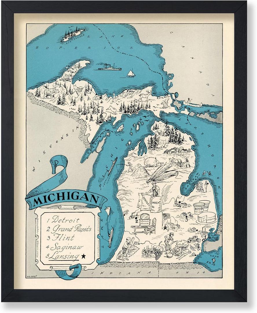 Poster Master Vintage Michigan Map Print - Retro State Map Art - Gift for Teacher, Student, Travel Lover - Wall Decoration for Classroom, Office, Dorm - 8x10 UNFRAMED