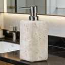Travertine Stone Soap Dispenser Natural Organic Bathroom Soap Pump with Metal Push Pump, Elegant Square Hand Lotion Jar, Premium Heavy Duty Pump Bottle Lotion Jar for Kitchen/Laundry Room(Ivory White)