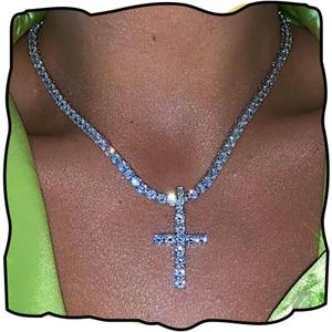 Gangel Silver Vertical Cross Tennis Necklace Glittering Chain Simple Fashion Pendant Exquisite Choker Jewelry with Rhinestone for Women (Pack of 1)