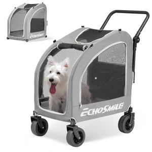 EchoSmile 4 Wheels Pet Stroller, Dog & Cat Stroller for All-Season, Lightweight Carrier with Storage Basket, Adjustable Handle, Removable Pad, Breathable Mesh, Up to 135 lbs, Grey