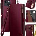 XcaseBar for iPhone 15 6.1" Wallet case with Zipper Credit Card Holder RFID Blocking,Flip Folio Book PU Leather Shockproof Strap Protective Cover Women Men for Apple 15 Phone case Wine Red