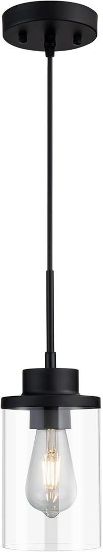 Modern Black Farmhouse Clear Glass Cylinder Pendant Light Fixture,Ceiling Hanging Metal Industrial Mini Pendant Lighting for Kitchen Island Dining Table Bedroom Hallway Foyer (1-Pack)