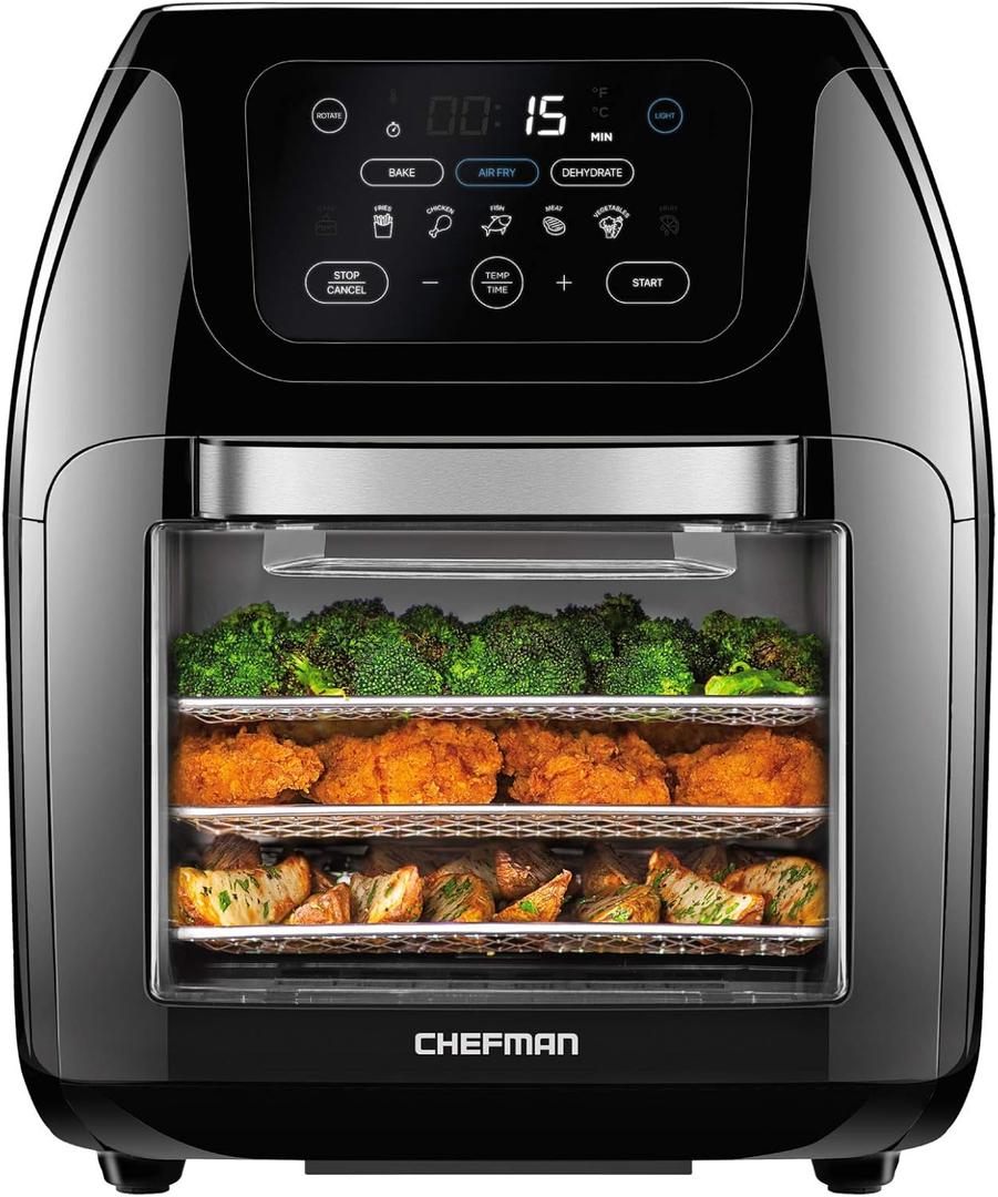CHEFMAN Multifunctional Digital Air Fryer+ Rotisserie, Dehydrator, Convection Oven, 17 Touch Screen Presets Fry, Roast, Dehydrate, Bake, XL 10L Family Size, Auto Shutoff, Large Easy-View Window, Black, 10 Quart