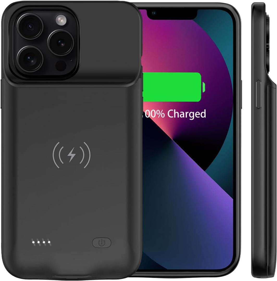 Battery Case for iPhone 15 Pro Max (6.7 inch), [10000mAh] Qi Wireless, Portable Backup Rechargeable Extended Slim Charging Case Compatible with iPhone (iPhone 13/13 Pro) Black