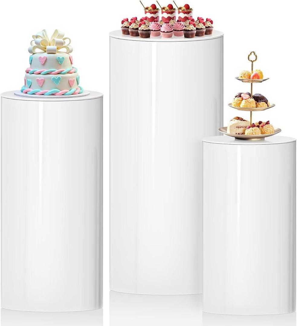 3Pcs Cylinder Pedestal Stands, White Round Pedestal Display Plinth Pillars for Wedding Ceremony Birthday Parties Art Decor
