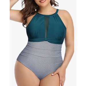 One Piece Aqua Eve Plus Size Swimsuit Women Swimsuit Tummy Control High Neck Bathing Suit Ruched Swimwear, Teal/Black/White, Size: 22W