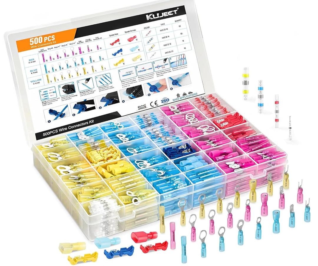 Kuject 500PCS Multipurpose Heat Shrink Wire Connectors Waterproof Electrical Crimp Connector Assortment Kit, Insulated Ring Fork Spade T-Tap Solder Butt Splice Terminal for Automotive Marine Boat