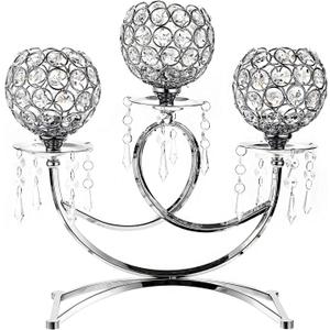 OwnMy 3 Arms Crystal Candle Holders Bowls Tealight Candelabras Candlestick Candle Stand Ornaments for Wedding Dining Table Christmas Party Home Decoration Centerpiece (Silver)