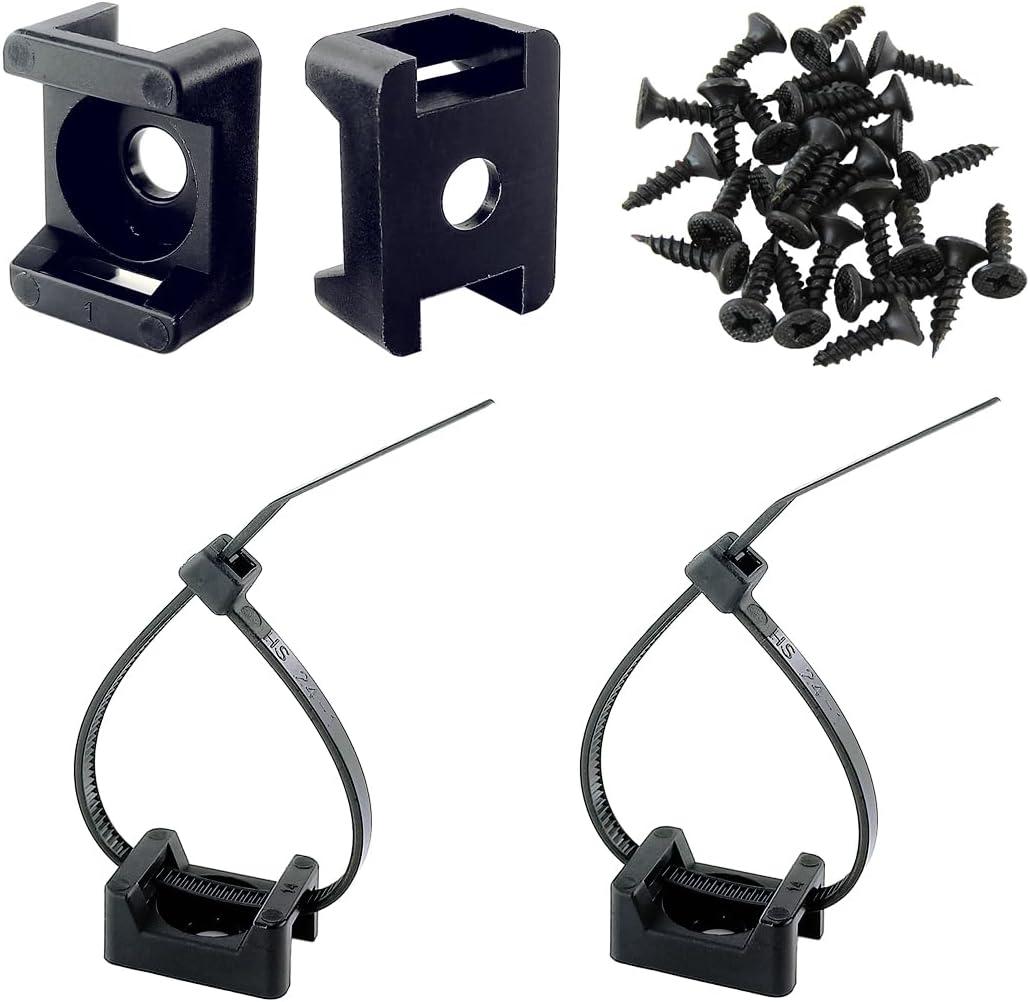 HS Saddle Type Cable Zip Tie Mounts Base Kit with Screw Hole, Set Strong 6 Inch Nylon Cable Ties and Screws Each 100 PCS, Wire Clips Anchor Management Fastener for Baseboard, Wall or Desk, Black