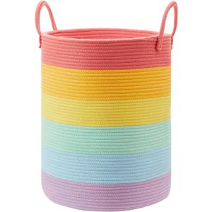 20 Inches Rainbow Baby Girls Kids Hamper Laundry Basket for Nursery Toddler Clothes Blanket Toy Storage Woven Rope Unicorn Hamper in Playroom Bedroom Large