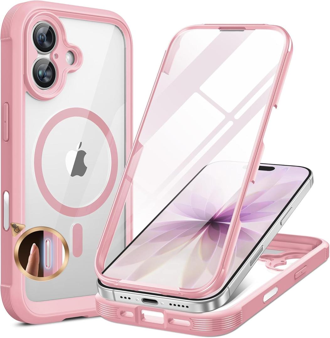 Miracase for iPhone 17 Case 6.3'', Full-Body Military Grade Drop Protection Outdoor Phone case with Built-in Glass Screen &Camera Control,Easy Installation,No Gap,Compatible with MagSafe, Pink
