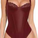 Popilush Leather Corset Tops for Women Tummy Control Shapewear Lace Tank Tops Faux Leather Thong Body Shaper Medium