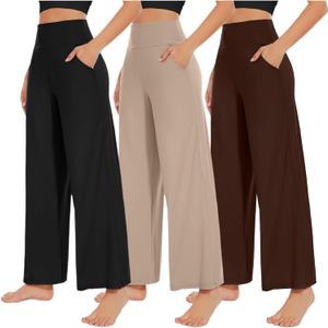 NEW YOUNG 3 Pack Women's Wide Leg Pants with Pockets High Waist Loose Sweatpants Casual Lounge Yoga Workout Palazzo Medium