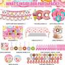 Donut Sweets Birthday Party Supplies, Donut Style Party Decorations Include Happy Birthday Banner, Backdrop, Tableware Set, Tablecloth, Cake Toppers, Cupcake Toppers, Latex Balloons, Hanging Swirls