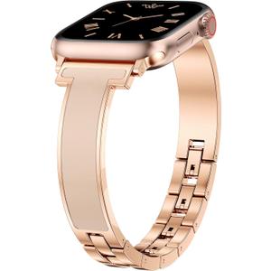 Moolia Slim Metal Band Compatible with Apple Watch 38/ 40/ 41/ 42 Women, Fancy Dressy Enamel Bracelet Luxury Bangle Strap for iWatch Series 11 10, Rose Gold/ Nude