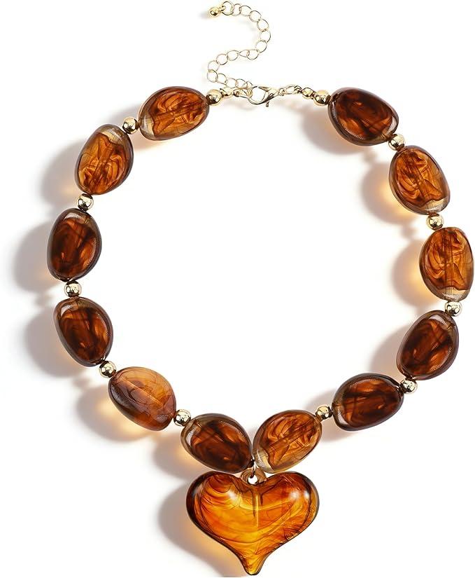 Chunky Heart Necklaces for Women - Exaggerated Statement Puff Beaded Necklace with Heart Penadnt, Amber Acrylic Necklace Gift for Girlfriends Wife Mom Grandma