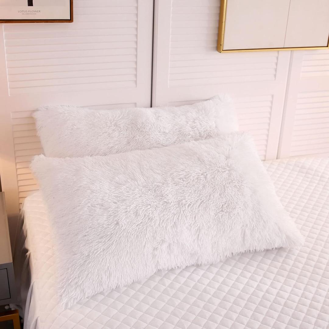 LIFEREVO 2 Pack Shaggy Plush Faux Fur Pillow Shams Velvet Reverse,20"x36" Fluffy Decorative Pillowcases with Zipper Closure for Couch,Sofa,Bed(White,King) (36" x 20" (Pack of 2))