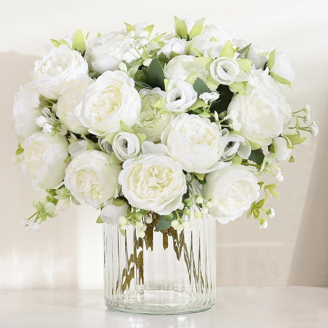 MARTINE MALL 4 Packs Peonies Artificial Flowers, White Artificial Peonies, Silk Peonies Flowers Fake Peonies Artificial Flowers Peonies Bouquet for Centerpiece Table Wedding Party Home Decor
