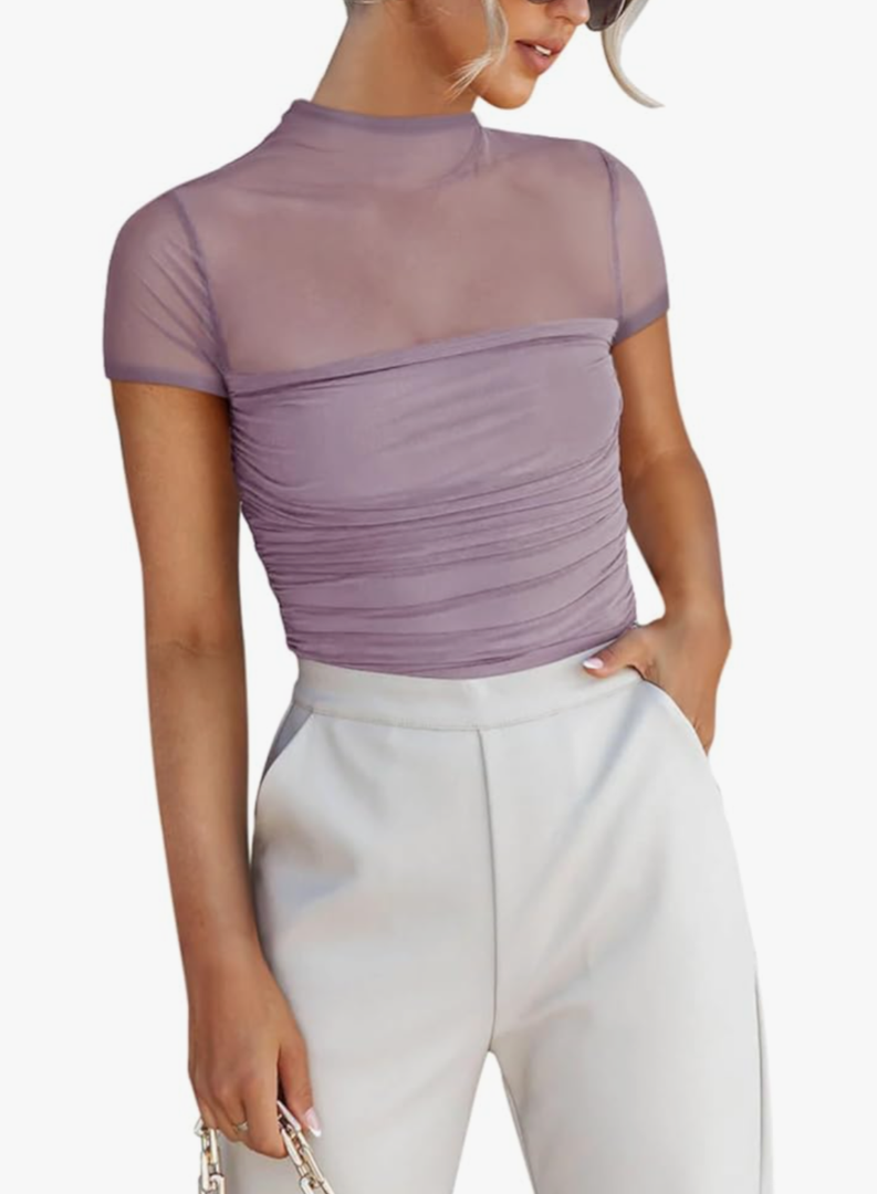 REORIA Women's Sexy Mock Turtle Neck Short Sleeve Shirts Sheer Mesh Ruched Trendy Going Out Bodysuits Tops, M